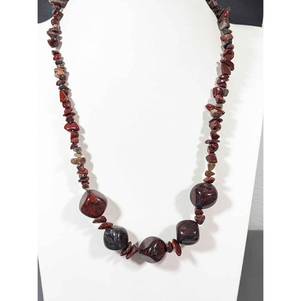Red Brown Chip Stone‎ Beaded Necklace Stacked Stone Boho 20"